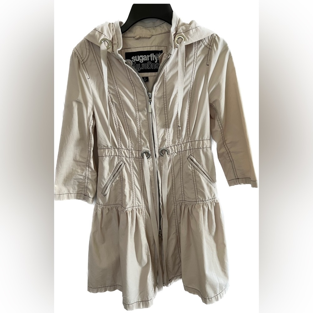 Sugarfly Women’s Lightweight Hooded Trench Coat-size Medium- 3/4 L sleeves